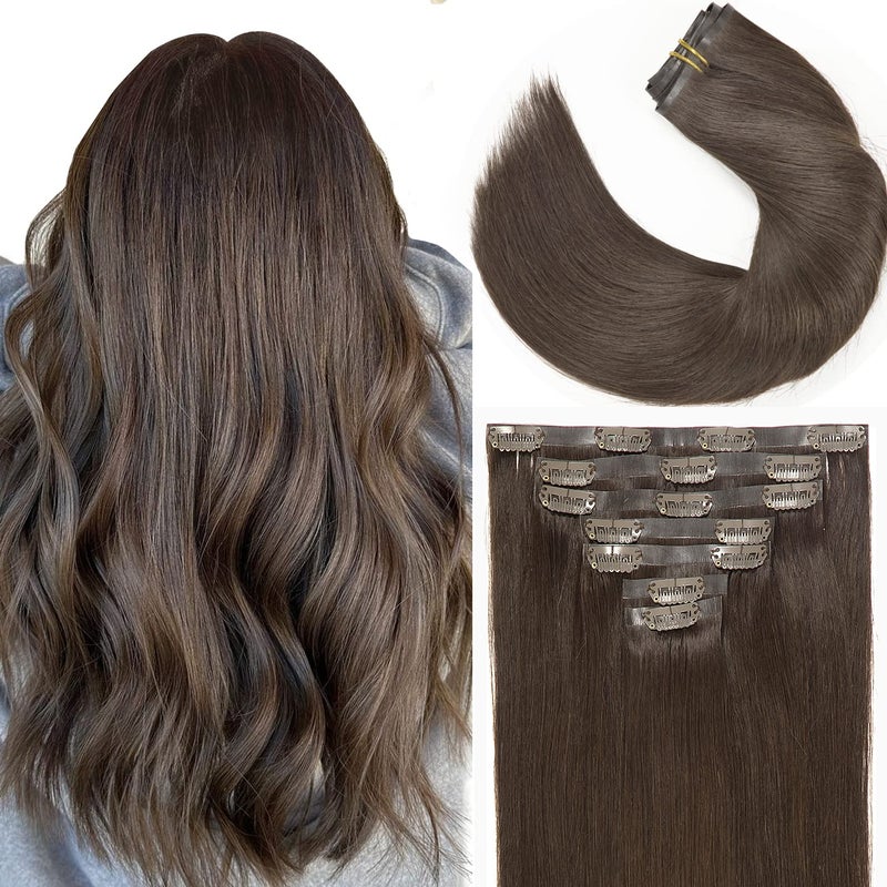 Lacer Light Brown Clip in Hair Extensions Real Human Hair Smooth and Silky Human Hair Extensions Clip ins With Seamless PU 22 inch 7pcs 110g